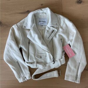 Juicy Couture White Cropped Moto Jacket with Silver Hardware